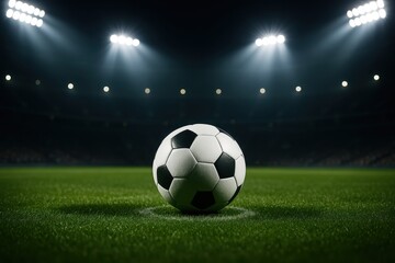 Classic soccer ball positioned center field under dramatic stadium lighting with intense sports atmosphere