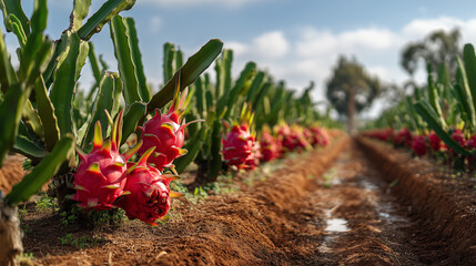 red dragon fruit garden, neat rows of dragon fruit plants in modern agricultural land, ai generated images.