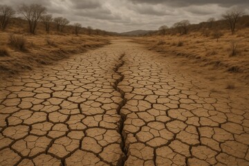 Drought-affected landscape with dried riverbed in extreme climate conditions