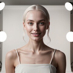 Blonde Woman in White Strap Top, Studio Lights