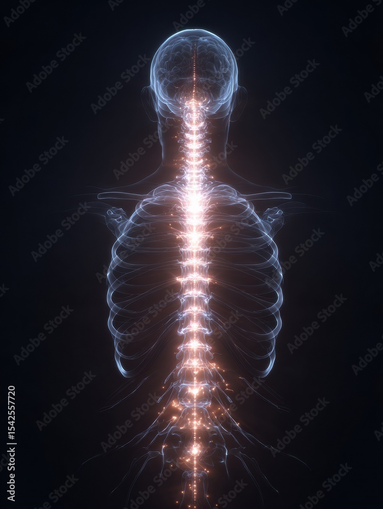 Poster Dynamic Energy Line Tracing up the Spine to the Brain With Glowing Light Effects in a Dark Background