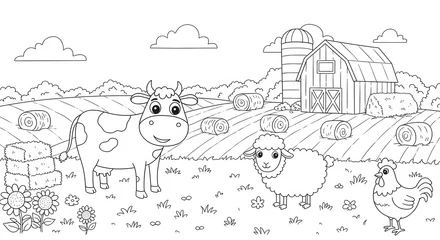 Wandcirkels Boerderij Adorable Farm Animals Coloring Page Cow, Sheep, Chicken & Barn  © Baks