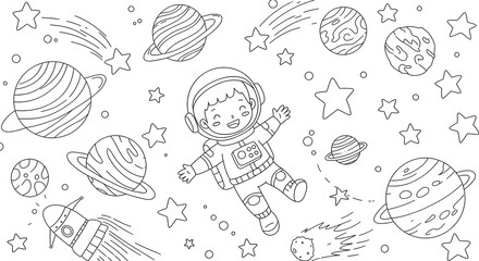 Naklejka premium Adorable Astronaut Coloring Page Space Adventure for Kids