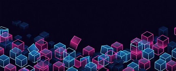 Minimalist vector line geometric pattern of blue and pink cubes on a dark background, for banner design with copy space, a futuristic technology concept Generative AI - Powered by Adobe