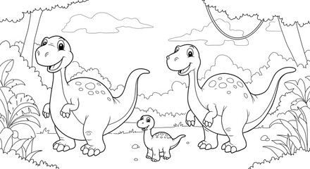 Obraz premium Adorable Dinosaur Family Coloring Page Prehistoric Fun for Kids