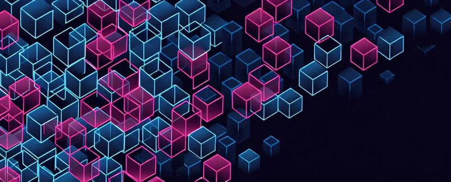 Minimalist vector line geometric pattern of blue and pink cubes on a dark background, for banner design with copy space, a futuristic technology concept Generative AI