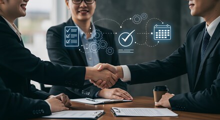 Business people shake hands over deal digital icons overlayed