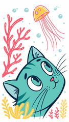 Fototapeta premium Vector cute cartoon cat looking at jellyfish in ocean illustration vector art for graphic design and prints art