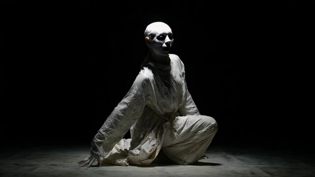 Butoh Dancer in White Costume Performing Surreal Movement on Dark Stage Under Spotlight