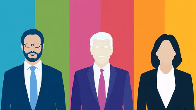 Flat minimalist avatars of diverse job candidates standing side by side on multicolored background - Powered by Adobe