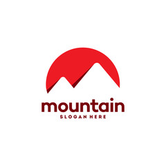 Simple  design of two mountains with a red circle.