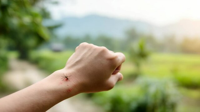 Outdoor Mosquito Bite on Human Hand Showing Red Bumps and Insect in Natural Setting