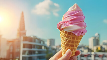 Two colorful ice cream cones held in hand with city background, bright summer day