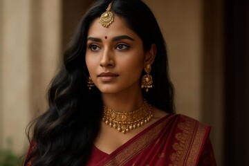 Stunning Indian woman with long lustrous black hair in traditional elegant portrait