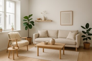 Scandinavian interior design featuring natural wood furniture and neutral textiles in minimalist living space