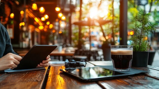 Outdoor cafe scene with person using tablet and coffee