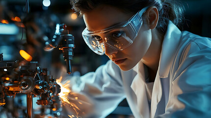 Scientist in a lab coat and safety goggles examines a mechanical device with sparks.