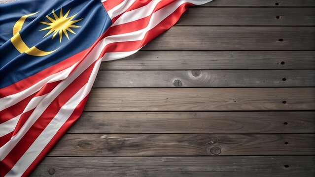 Malaysia national flag lay on wooden background top view - Powered by Adobe