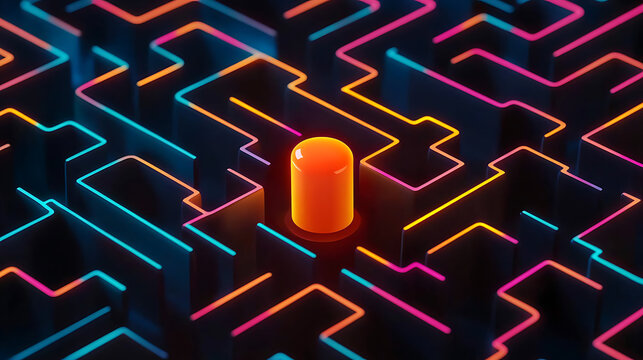 Neon Maze with Glowing Cylinder: Futuristic Pathfinding Concept