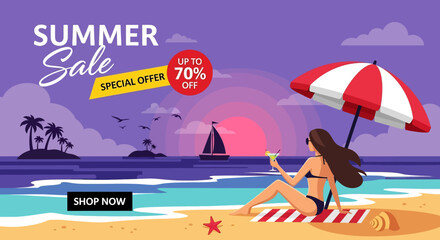 Adobe illustrator artwork vector illustration of a woman relaxing on a beach at sunset, enjoying a drink under an umbrella, while a sailboat drifts by, advertising a 