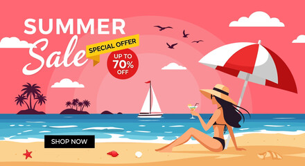 Adobe illustrator artwork vector illustration of a woman relaxing on a beach at sunset, enjoying a drink under an umbrella, while a sailboat drifts by, advertising a 