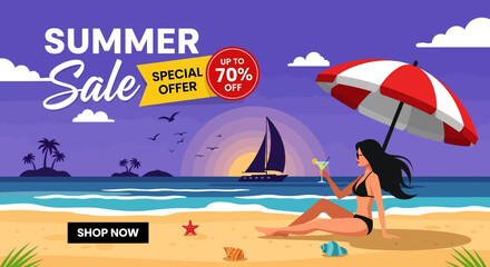 Adobe illustrator artwork vector illustration of a woman relaxing on a beach at sunset, enjoying a drink under an umbrella, while a sailboat drifts by, advertising a 