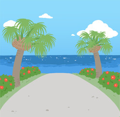 Obraz premium 南国の海の見える道のベクターイラスト 