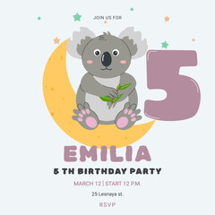 Invitation childrens birthday party with cute koala and number. Celebration fifth birthday. Greeting card template for children. Vector illustration.