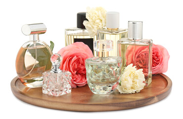 Many different perfume bottles and roses isolated on white
