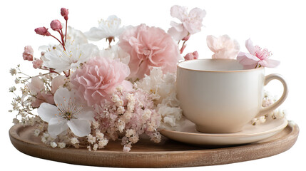 Spring Blossoms and Ceramic Teacup on Wooden Tray with Soft Lighting on Transparent Background


