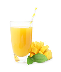 Tasty mango juice in glass and fresh fruit isolated on white