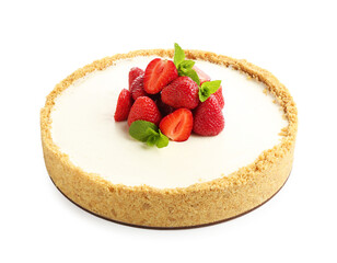 Tasty cheesecake with strawberries and mint isolated on white
