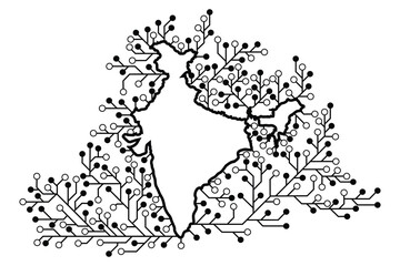 India map with circuit board tree on a white screen for communication technology background concept 