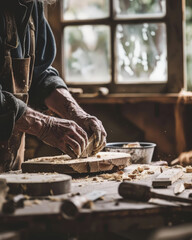 A close-up captures the weathered, skilled hands of a senior artisan meticulously crafting wood in a rustic workshop, highlighting the tradition of handmade craftsmanship