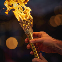 A dramatic close-up of an athlete's hand reaching for the Olympic flame, held in an ornate torch at night, symbolizing honor, hope, and the spirit of competition