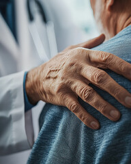 A poignant close-up of a senior patient's hand resting gently on a doctor's shoulder, conveying a moment of compassion, trust, and reassurance in a healthcare setting