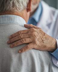 A poignant close-up of a senior patient's hand resting gently on a doctor's shoulder, conveying a moment of compassion, trust, and reassurance in a healthcare setting