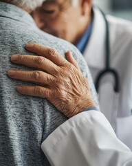 A poignant close-up of a senior patient's hand resting gently on a doctor's shoulder, conveying a moment of compassion, trust, and reassurance in a healthcare setting