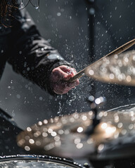 An energetic, dramatic action shot of a drummer with long, wet hair hitting a cymbal, causing a spectacular splash of water during a live concert performance