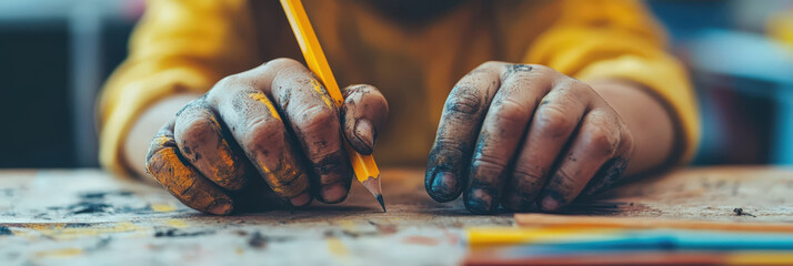 A close-up of a child's small, messy hands, covered in paint and dirt, holding a yellow pencil, ready to draw. This image captures the essence of childhood creativity, learning, and tactile exploratio