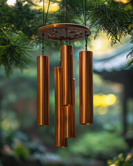 A close-up of beautiful copper wind chimes hanging peacefully in a serene garden, with a soft, blurry background and gentle light, evoking tranquility and harmony