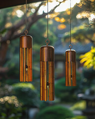 A close-up of beautiful copper wind chimes hanging peacefully in a serene garden, with a soft, blurry background and gentle light, evoking tranquility and harmony