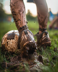 An extreme low-angle shot captures a child's muddy football cleat splashing into thick mud next to the ball, conveying the dynamic, messy energy of playing in the rain
