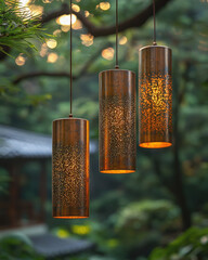 A close-up of beautiful copper wind chimes hanging peacefully in a serene garden, with a soft, blurry background and gentle light, evoking tranquility and harmony