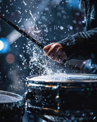 An energetic, dramatic action shot of a drummer with long, wet hair hitting a cymbal, causing a spectacular splash of water during a live concert performance