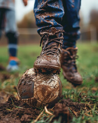 A close-up of a child's muddy football boot resting triumphantly on an equally muddy soccer ball, capturing the authentic, gritty joy of a well-played game on a wet field