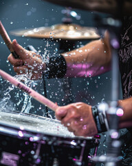 An energetic, dramatic action shot of a drummer with long, wet hair hitting a cymbal, causing a spectacular splash of water during a live concert performance