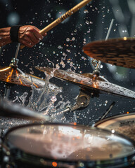 An energetic, dramatic action shot of a drummer with long, wet hair hitting a cymbal, causing a spectacular splash of water during a live concert performance