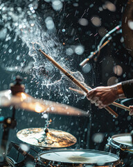An energetic, dramatic action shot of a drummer with long, wet hair hitting a cymbal, causing a spectacular splash of water during a live concert performance