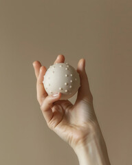 A close-up of a Black woman's beautifully manicured hands gently holding a textured stress ball, symbolizing self-care, relaxation, and mental wellness